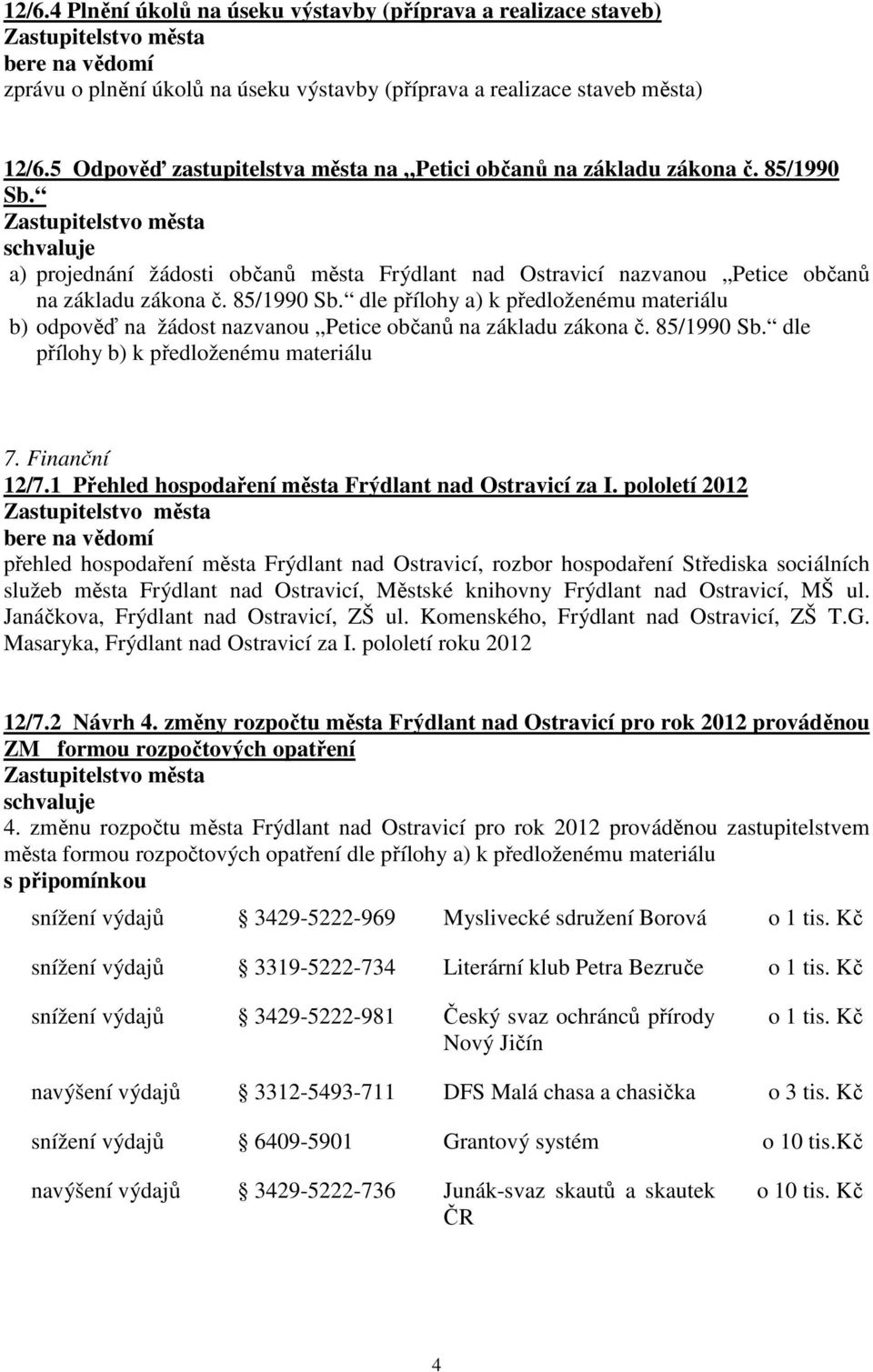 85/1990 Sb. dle přílohy b) k předloženému materiálu 7. Finanční 12/7.1 Přehled hospodaření Frýdlant nad Ostravicí za I.