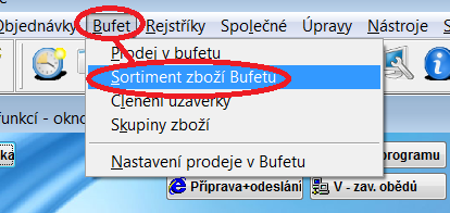 14. Bufet Sortiment zboží v bufetu vyhledáme sortiment Oprava Pozn.: položka Sortiment zboží v bufetu je přístupná, pokud modul Bufet používá pro sortiment zboží program Stravné.