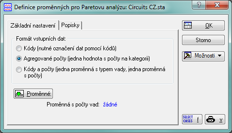 V modulu STATISTICA Diagramy pro řízení kvality zvolíme, přes Statistiky > Průmyslová statistika & Six Sigma > Diagramy pro řízení kvality, v úvodním dialogu možnost Paretova analýza a klikneme na