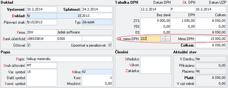 Po stisku tlačítka Pokračovat program vygeneruje účetní doklad, který odúčtuje předepsaný závazek.