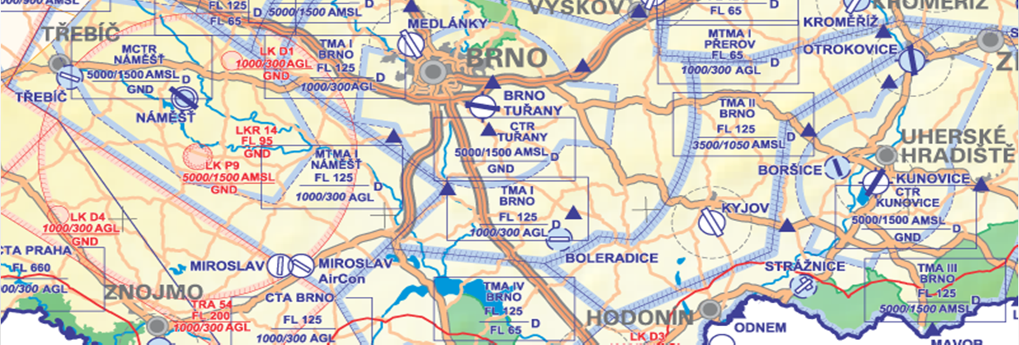 U3V - T12: Letová navigace (4/4) Výřez mapy vzdušného prostoru ČR: FLx = letová hladina, kde x je výška ve stovkách stop