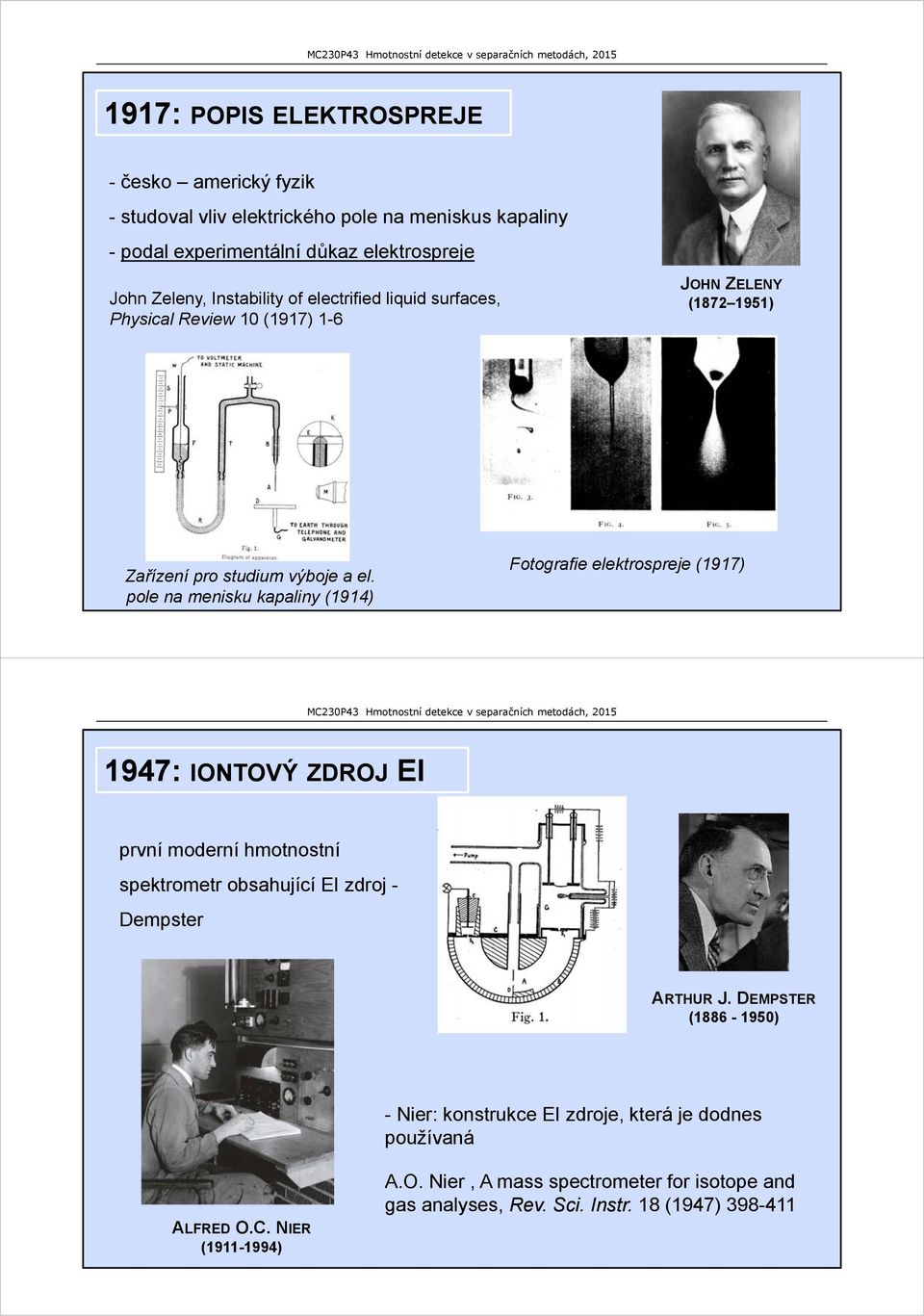 pole na menisku kapaliny (1914) Fotografie elektrospreje (1917) 1947: IONTOVÝ ZDROJ EI první moderní hmotnostní spektrometr obsahující EI zdroj - Dempster ARTHUR J.