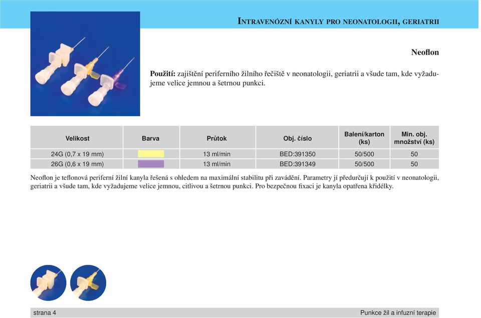 číslo množství 24G (0,7 x 19 mm) 13 ml/min BED:391350 50/500 50 26G (0,6 x 19 mm) 13 ml/min BED:391349 50/500 50 Neoflon je teflonová periferní žilní kanyla