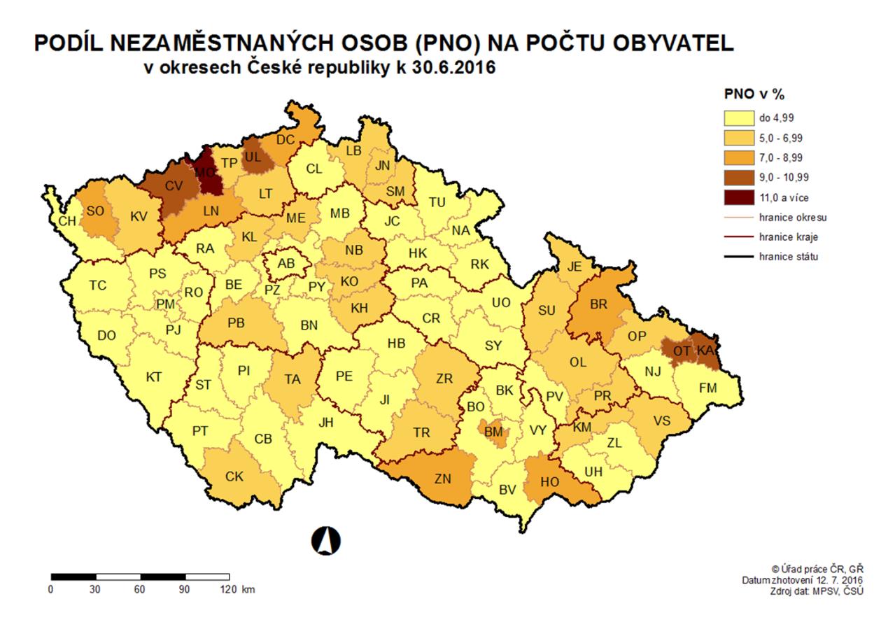 MAPA ArcView - Podíl nezaměstnaných v jednotlivých krajích ČR GRAFY