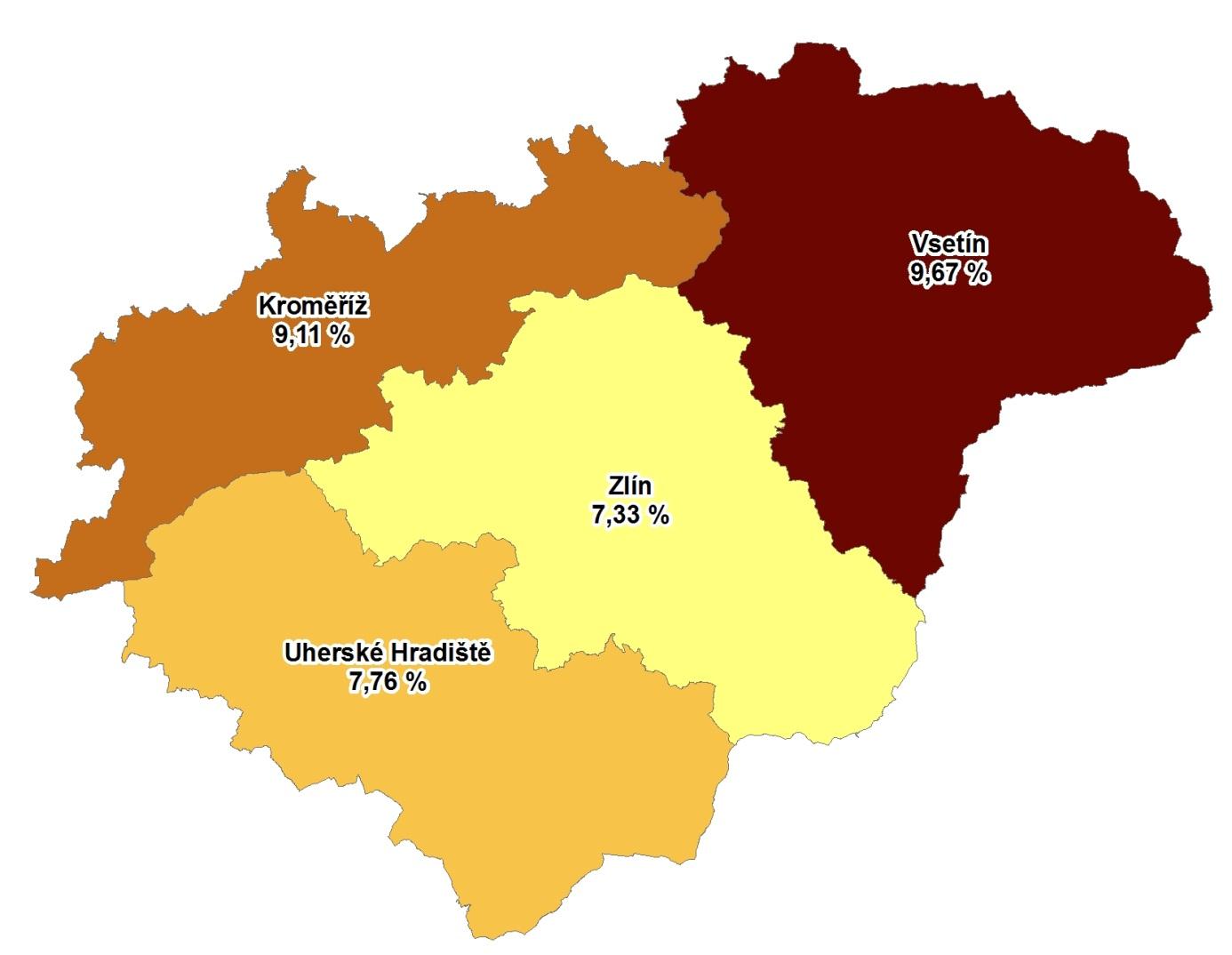 2013 Zlínský kraj 8,34 Česká republika 8,17 Kroměříž 9,11 Uherské Hradiště 7,76