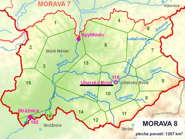 Obr. 2 Schematizace zájmového povodí. Nejprve byla provedena simulace odtokové odezvy za celé testovací období, tj. od 30. 9. do 6. 11. 2014, a byla provedena kalibrace modelu.