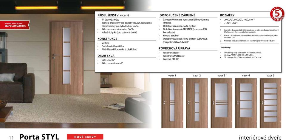 Porta-Systém ELEGANCE (bezpolodrážkové dveře) 1 Fólie Portadecor Fólie Porta Mattdecor Laminát CPL HQ 60, 70, 80, 90, 100, 110 2 120 200 3 1 Komplet dvou závěsů 3D je dodáván se zárubní.