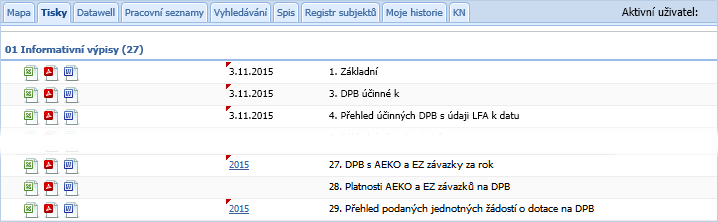 Oranžové podbarvení popisku = pravděpodobně je nutná změnová žádost (odpovídá oranžové vlajce v popisných údajích) Obrázek 7: Zobrazení nových závazků AEKO/EZ a žádostí o dotaci v mapě 5 Tisky