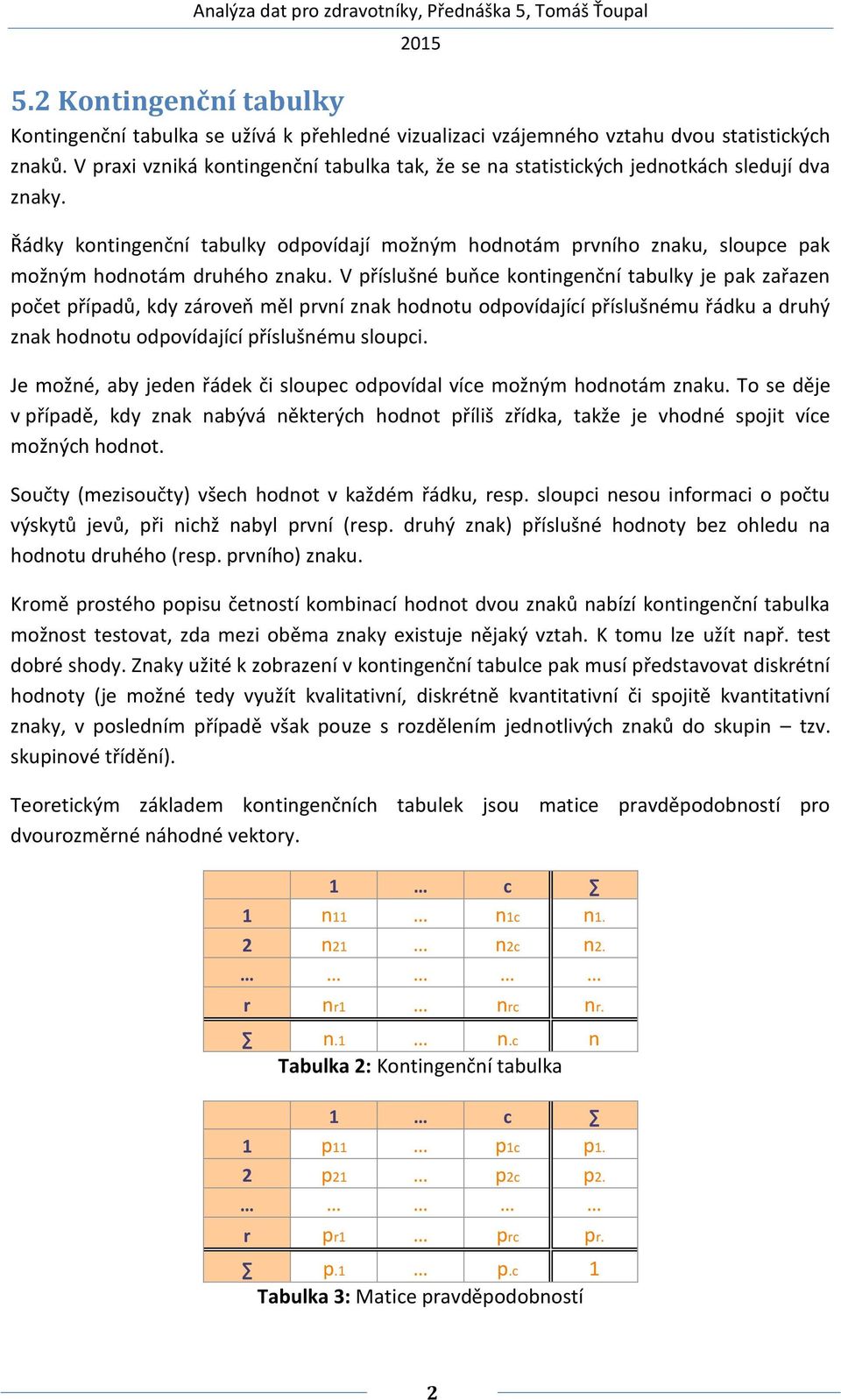 Řádky kontingenční tabulky odpovídají možným hodnotám prvního znaku, sloupce pak možným hodnotám druhého znaku.