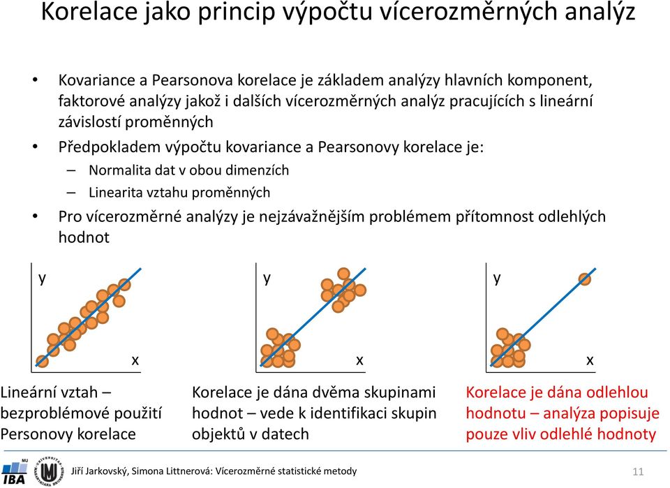 Linearita vztahu proměnných Pro vícerozměrné analýzy je nejzávažnějším problémem přítomnost odlehlých hodnot y y y Lineární vztah bezproblémové použití Personovy