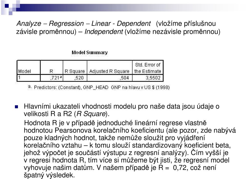 Hodnota R je v případě jednoduché lineární regrese vlastně hodnotou Pearsonova korelačního koeficientu (ale pozor, zde nabývá pouze kladných hodnot, takže nemůže