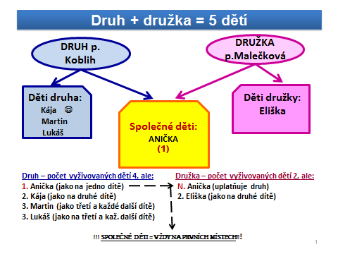 Pan Koblih má ve společně hospodařící domácnosti 4 vyživované děti (Aničku, Káju, Martina a Lukáše) a na Aničku si může uplatnit daňové zvýhodnění ve výši stanovené na jedno dítě (1) (pokud je