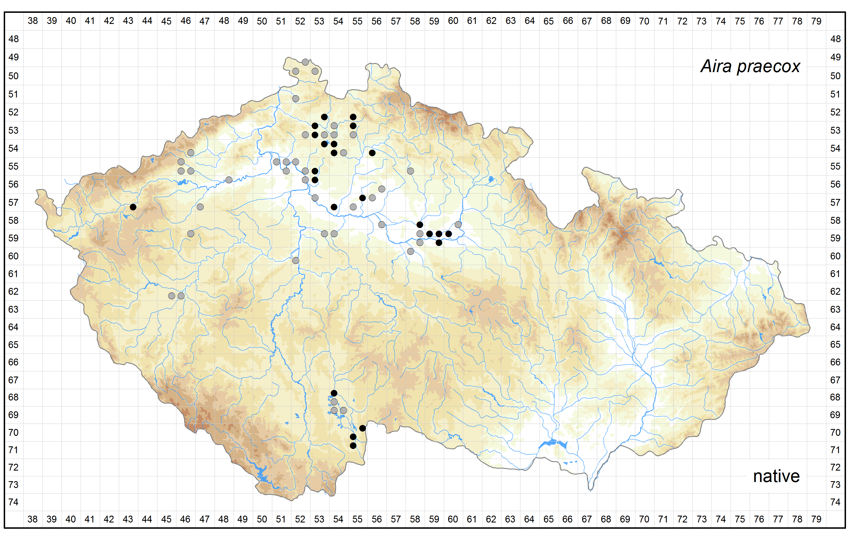 Distribution of Aira praecox in the Czech Republic Author of the map: Zdenek Kaplan Map produced on: 18-11-2015 Database records used for producing the distribution map of Aira praecox published in