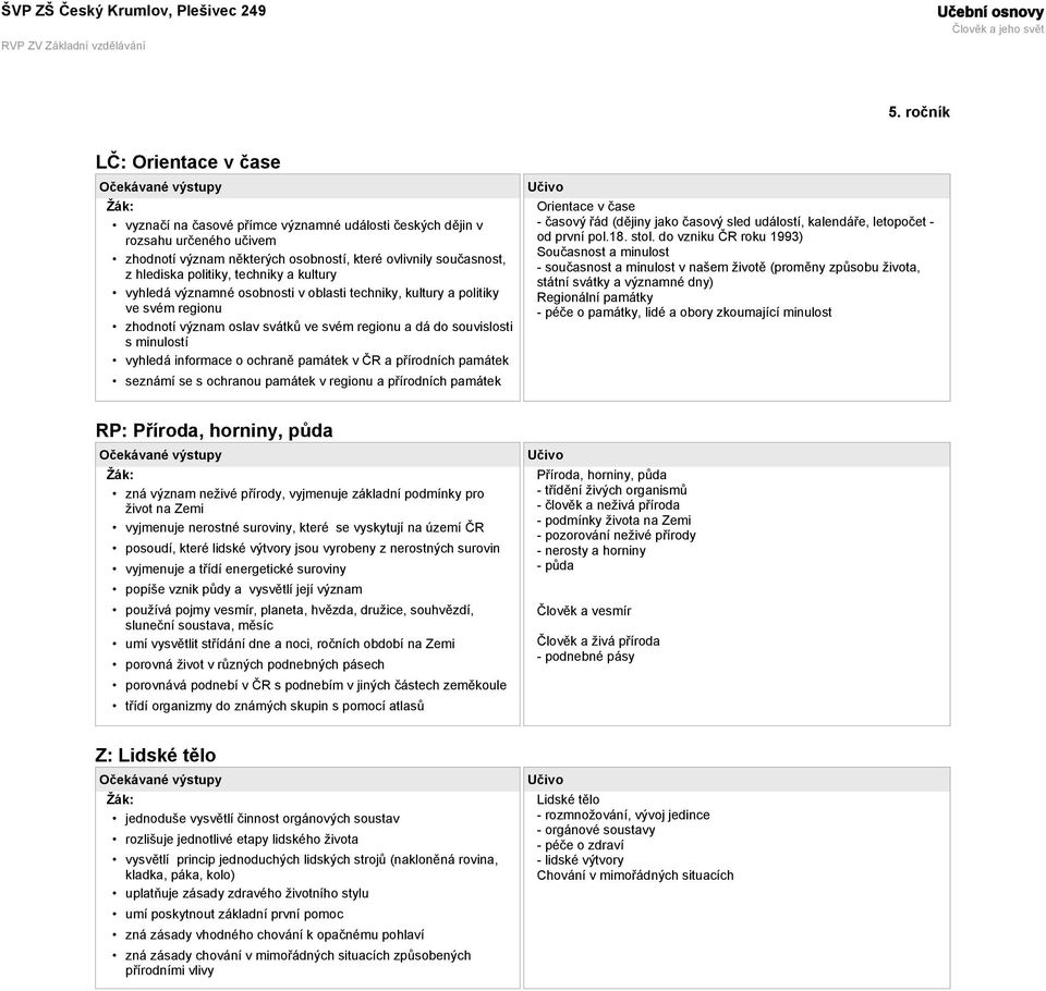 ochraně památek v ČR a přírodních památek seznámí se s ochranou památek v regionu a přírodních památek Orientace v čase - časový řád (dějiny jako časový sled událostí, kalendáře, letopočet - od první