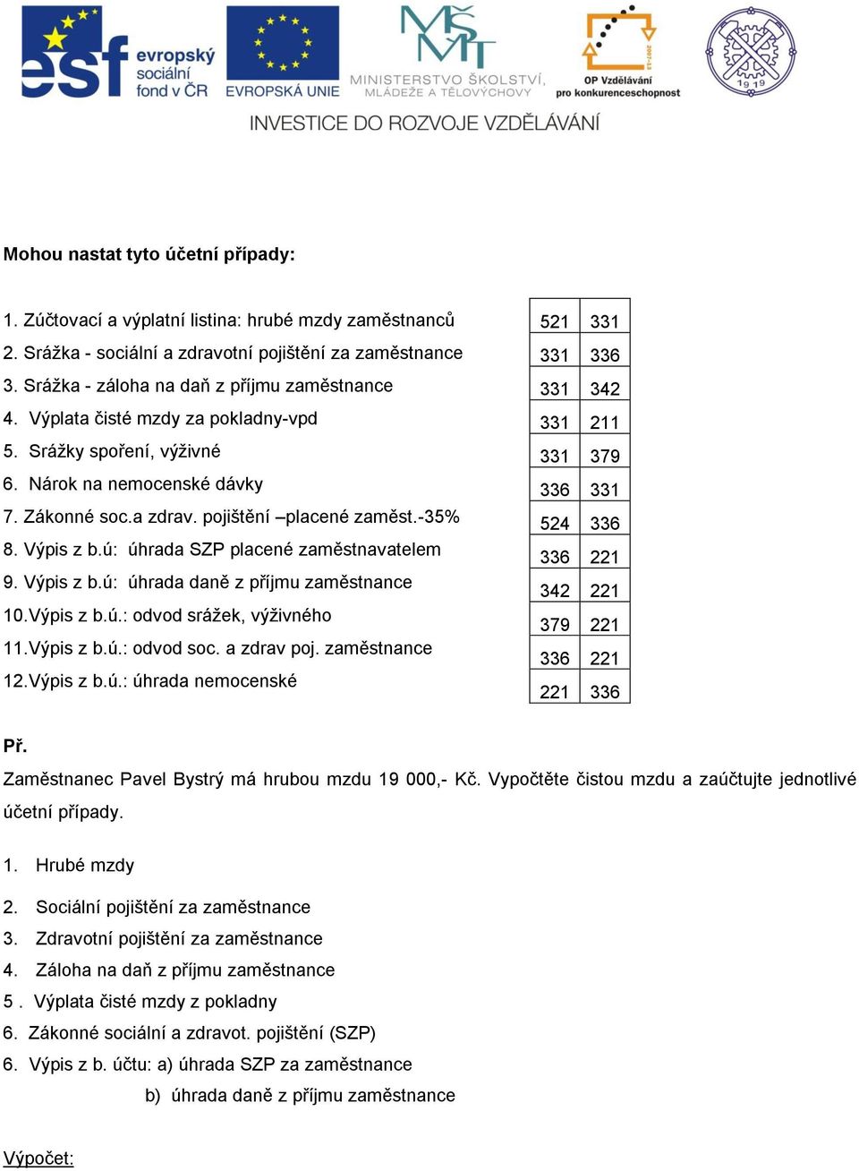 Výpis z b.ú: úhrada daně z příjmu zaměstnance 10.Výpis z b.ú.: odvod srážek, výživného 11.Výpis z b.ú.: odvod soc. a zdrav poj. zaměstnance 12.Výpis z b.ú.: úhrada nemocenské 521 331 331 336 331 342 331 211 331 379 336 331 524 336 336 221 342 221 379 221 336 221 221 336 Zaměstnanec Pavel Bystrý má hrubou mzdu 19 000,- Kč.