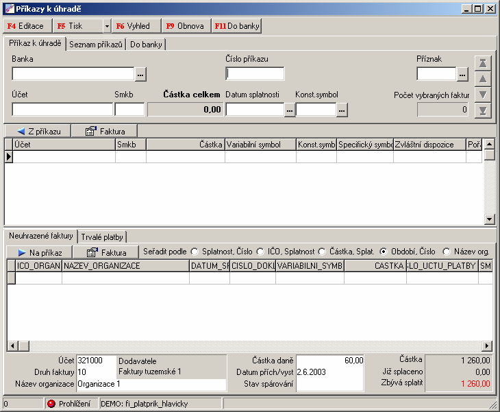 Při spuštění úlohy příkazů k úhradě se otevře formulář těchto příkazů. V horní části formuláře jsou základní identifikace příkazu. Ve střední části je seznam faktur vybraných na tento příkaz.