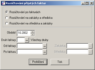 účet MD účet DAL částka zakázka výkon položka OKV U faktur, které nejsou správně rozúčtovány se tiskne poznámka s identifikací chyby, která nastala.