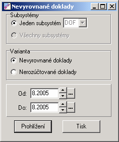 Výběrová kritéria jsou tato: 6.1.2.8. Nevyrovnané doklady Sestava nevyrovnaných nebo nerozúčtovaných dokladů. Výběrová kritéria: 6.1.3. Výkazy Tato nabídka obsahuje body: 1. Analytická evidence 6.1.3.1. Analytická evidence Sestava všech došlých faktur za zadané období (program se na období dotáže) v analytickém členění podle vybraného údaje a datumu.