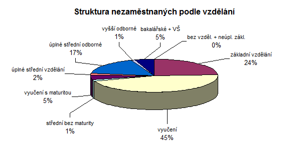 Graf 14: Struktura podle vzdělání k 31. 12. 2012 (Zdroj: Vlastní zpracování dle (12)) K 31. 12. 2012 tvořili nejpočetnější část lidé s výučním listem (45 %).
