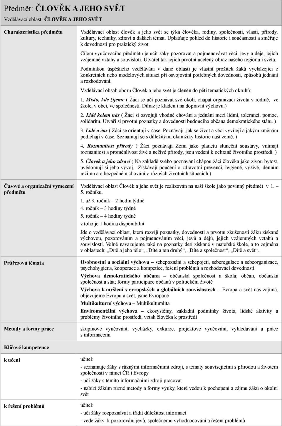 Cílem vyučovacího předmětu je učit žáky pozorovat a pojmenovávat věci, jevy a děje, jejich vzájemné vztahy a souvisloti. Utvářet tak jejich prvotní ucelený obraz našeho regionu i světa.