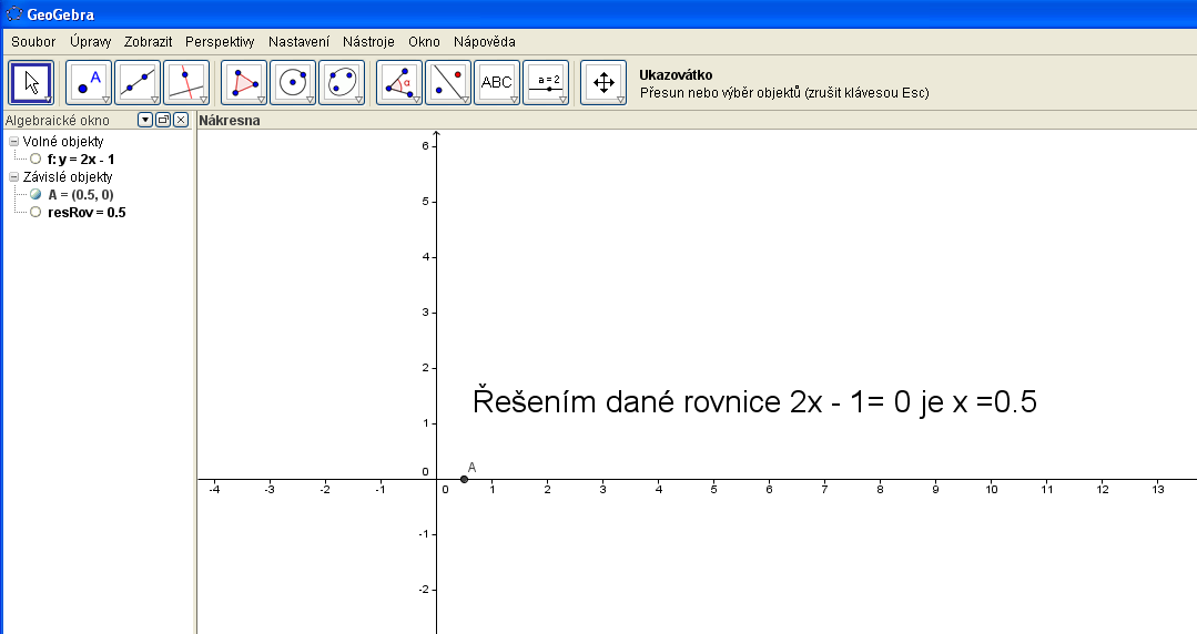 Vidíme, že funkce protíná osu x v bodě A = (0.5, 0). Pokud rozumíte pojmu bod funkce je vám jasné jak z daného bodu A dostanete řešení rovnice. Je to první (x ová) souřadnice bodu A.