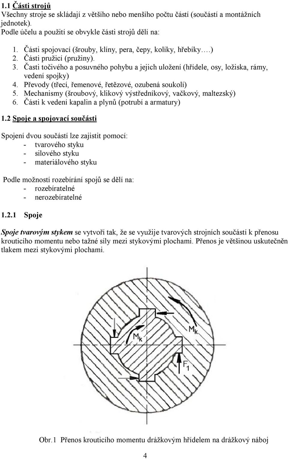 Převody (třecí, řemenové, řetězové, ozubená soukolí) 5. Mechanismy (šroubový, klikový výstředníkový, vačkový, maltezský) 6. Části k vedení kapalin a plynů (potrubí a armatury) 1.