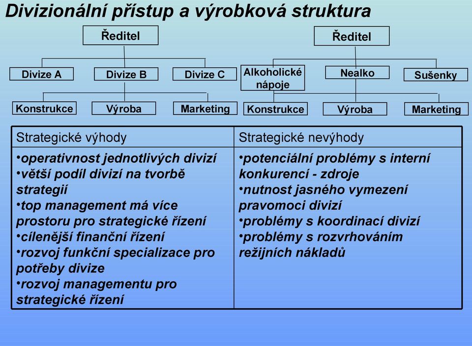 strategické řízení cílenější finanční řízení rozvoj funkční specializace pro potřeby divize rozvoj managementu pro strategické řízení Strategické nevýhody