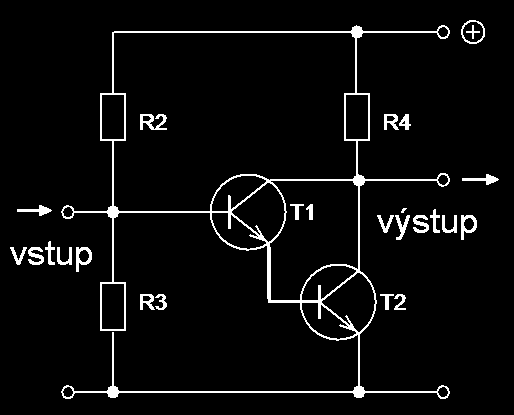 * Dochází k současnému zesilování střídavé i stejnosměrná složky * Polohy pracovních bodů jsou na sobě závislé b) Darlingtonovo zapojení Tranzistory jsou vázány přímo Tranzistor T1 vychází ze