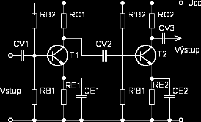 a) Kapacitní vazba Polohy pracovních bodů se vzájemně neovlivňují, neboť kondenzátor Cv2 propouští pouze střídavý signál a ss napětí na kolektoru T1 nepronikne na bázi T2 Kondenzátor omezuje přenos