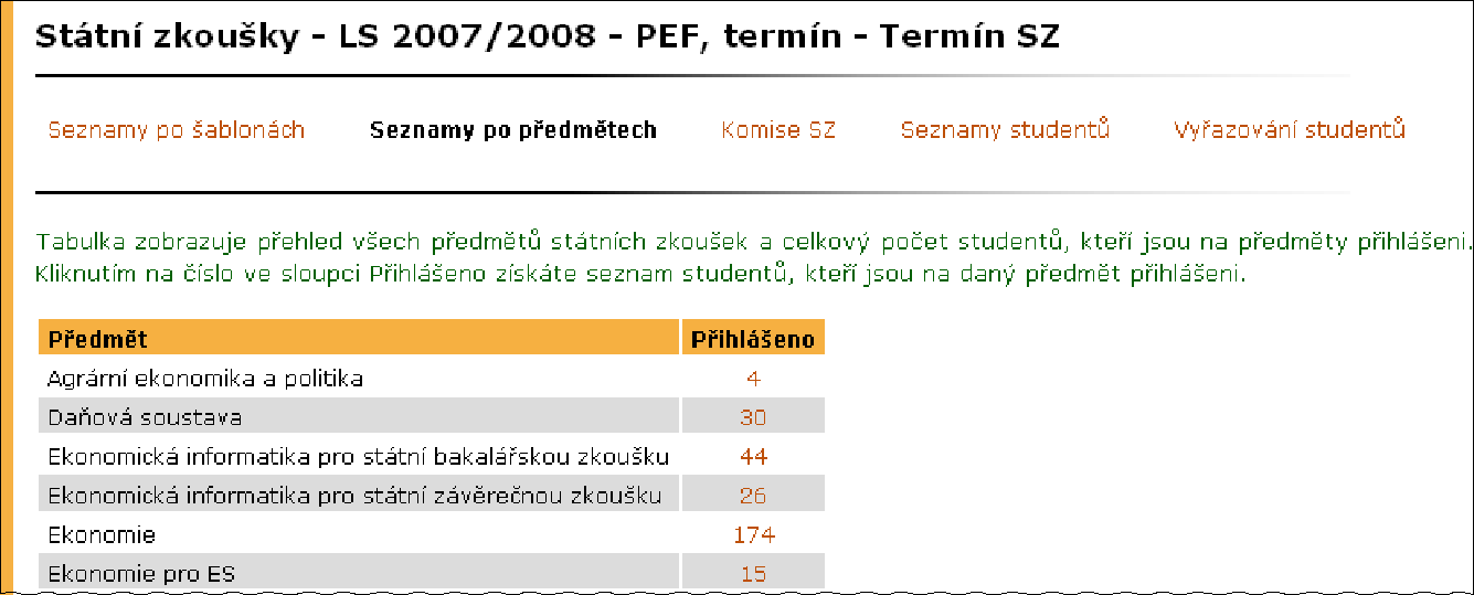 5 ZÁVĚREČNÉ ZKOUŠKY A OFICIÁLNÍ VÝSTUPY Obrázek 88 Seznamy studentů přihlášených k danému předmětu státní zkoušky Bakalářské zkoušky postupové Postupové bakalářské zkoušky, které předcházejí