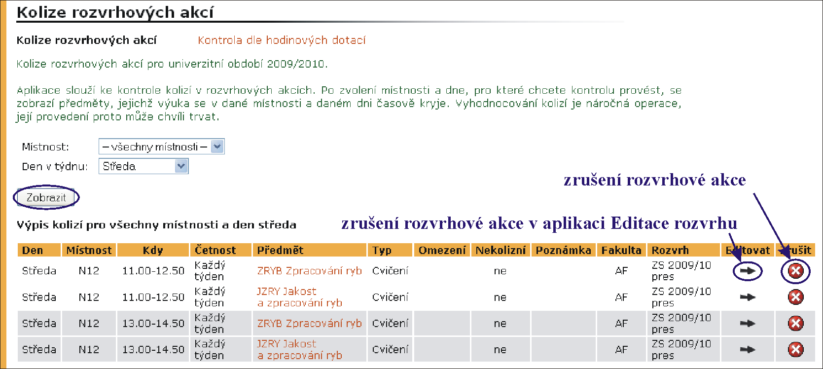 6 ROZVRHY Kolize rozvrhových akcí Aplikace pro zvolené rozvrhy a případně zvolenou místnost nebo den v týdnu zobrazuje seznam rozvrhových akcí, u kterých nastala kolize (obr. 122), tj.