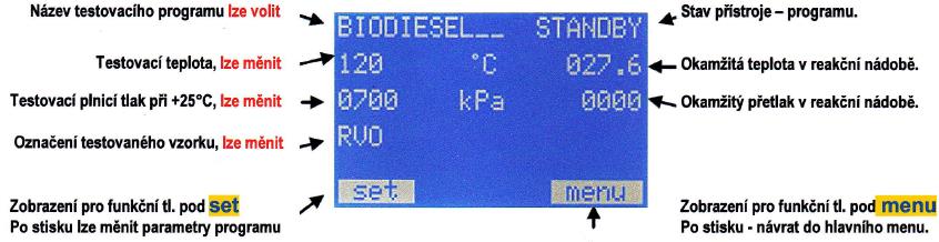 Obr. 3: Hlavní menu přístroje PetroOxy Volba testovaného programu, příprava testu: Pokud v hlavním menu bliká TEST RUN, stiskněte ENTER nebo funkční tlačítko pod SET.