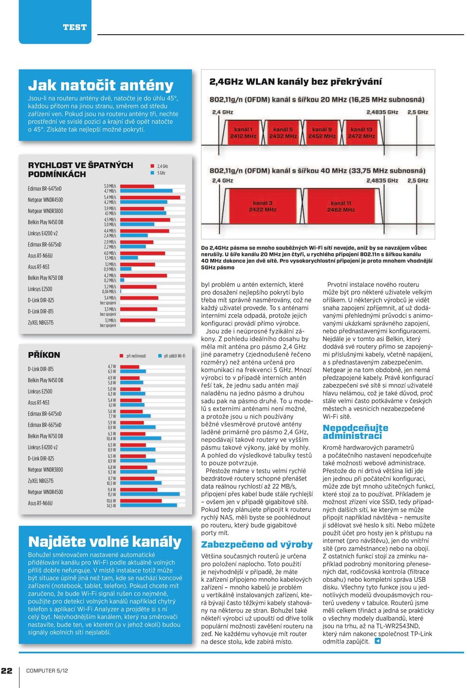 2,4GHz WLAN kanály bez překrývání RYCHLOST VE ŠPATNÝCH PODMÍNKÁCH 2,4 GHz 5 GHz Edimax BR-6475nD Netgear WNDR4500 Netgear WNDR3800 Belkin Play N450 DB Linksys E4200 v2 Edimax BR-6675nD Asus RT-N66U