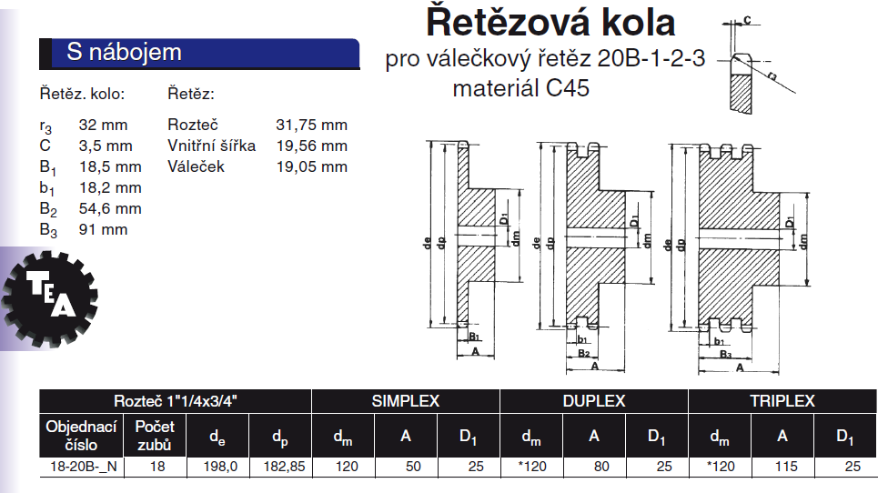 Str. 37 Tab. 6 Rozměry svěrného pouzdra TLK 400 Řetězová kola a jejich upevnění na hřídelích Jak hnací, tak volné řetězové kolo jsou vybrány z katalogu T.E.A.