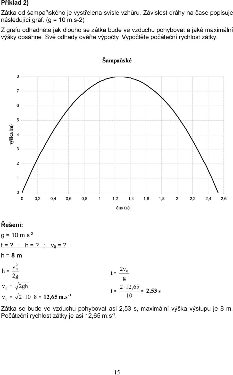 Vypočtěte počáteční rychlost zátky. Šampaňské 8 7 6 5 ýška (m) 4,,4,6,8,,4,6,8,,4,6 čas (s) m.s - t? ; 