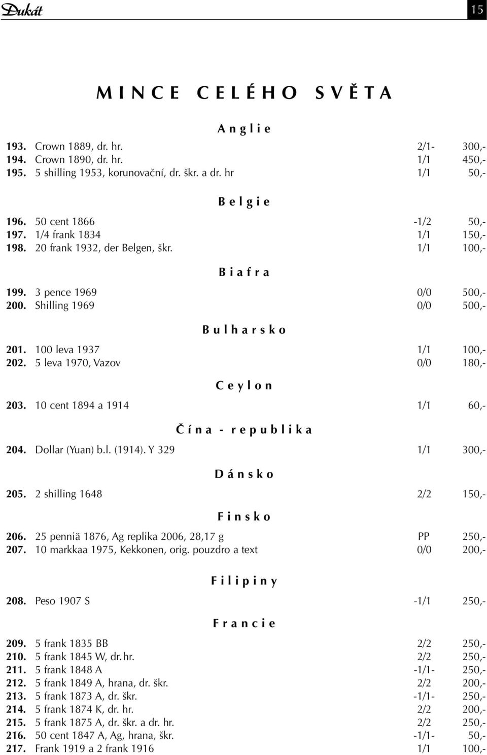 100 leva 1937 1/1 100,- 202. 5 leva 1970, Vazov 0/0 180,- C e y l o n 203. 10 cent 1894 a 1914 1/1 60,- Č í n a - r e p u b l i k a 204. Dollar (Yuan) b.l. (1914). Y 329 1/1 300,- D á n s k o 205.