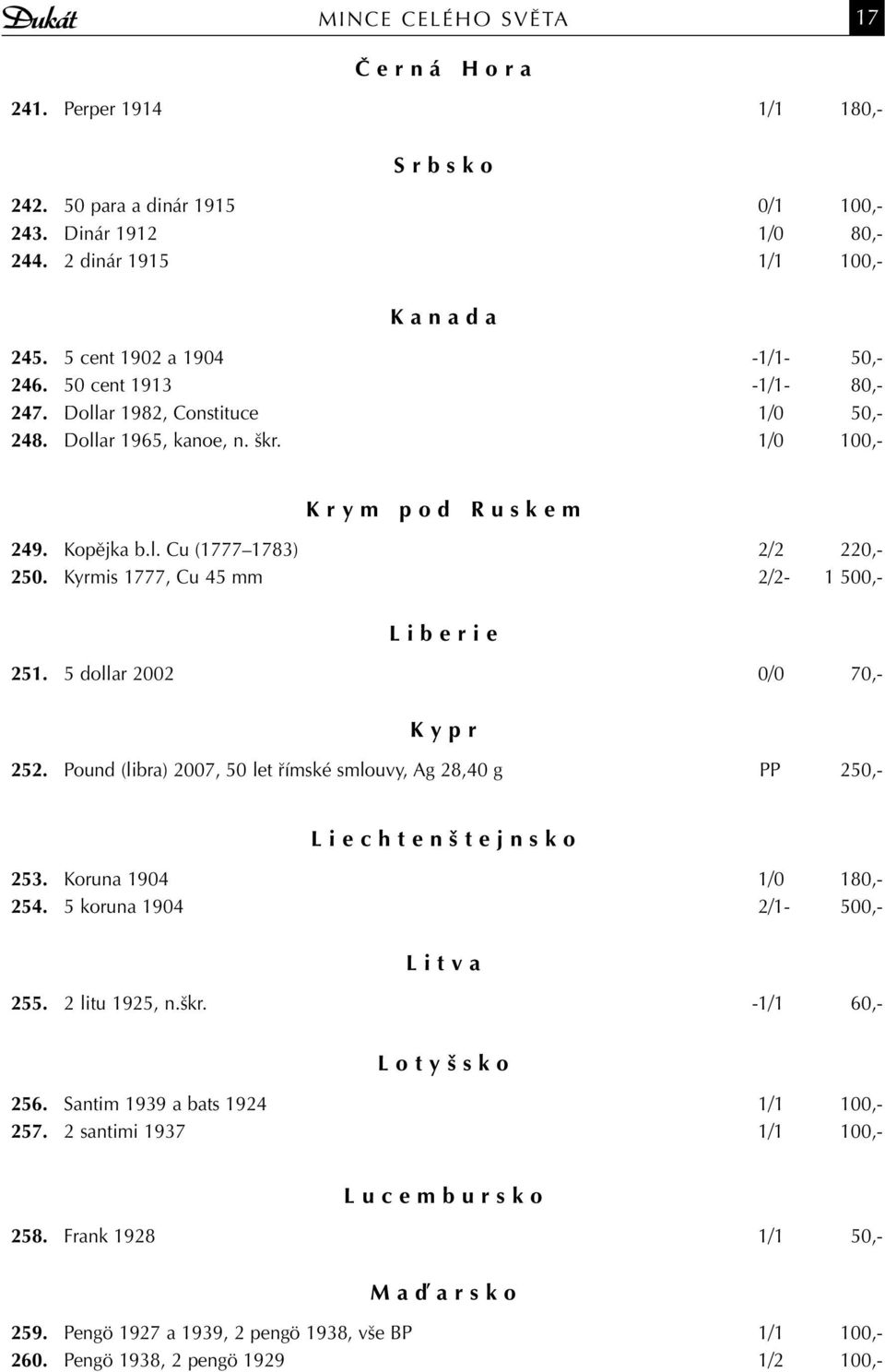 Kyrmis 1777, Cu 45 mm 2/2-1 500,- L i b e r i e 251. 5 dollar 2002 0/0 70,- K y p r 252. Pound (libra) 2007, 50 let římské smlouvy, Ag 28,40 g PP 250,- L i e c h t e n š t e j n s k o 253.