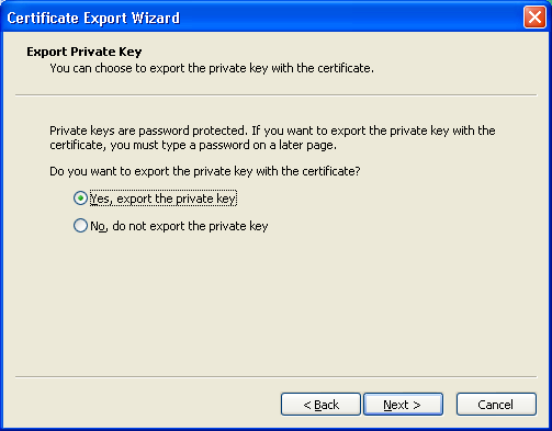 V následujícím formuláři vyberte možnost Yes, export the private key/ano, exportovat soukromý klíč, na obrázku označeno šipkou, pro export soukromého klíče certifikátu společně s tímto certifikátem.