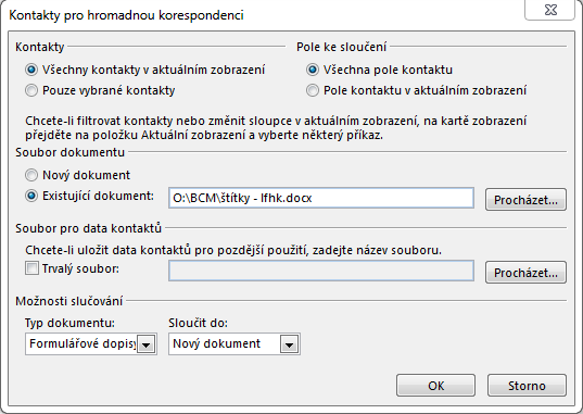 4. Hromadná korespondence Hromadná korespondence Vám bude sloužit pro tisk štítků a obálek. Nejdříve vyberete filtr podle toho, jakou skupinu kontaktů chcete tisknout.