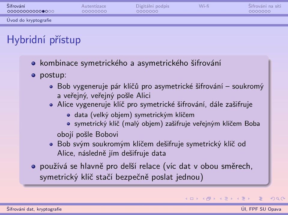 symetrickým klíčem symetrický klíč (malý objem) zašifruje veřejným klíčem Boba obojí pošle Bobovi Bob svým soukromým klíčem dešifruje