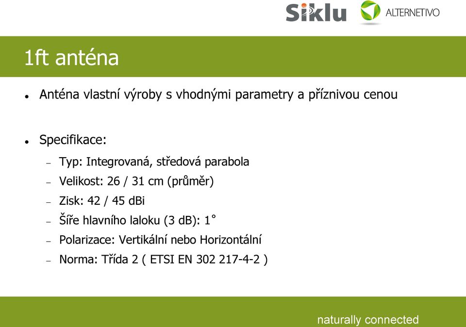 31 cm (průměr) Zisk: 42 / 45 dbi Šíře hlavního laloku (3 db): 1