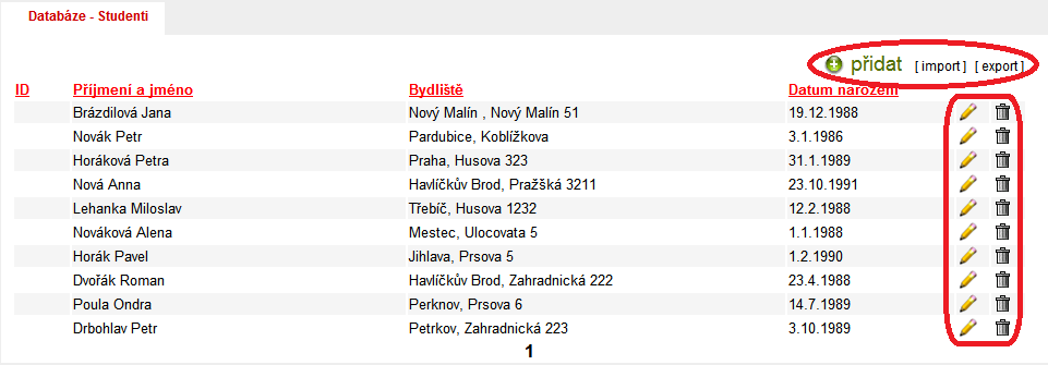 Obrázek 15: Databáze studentů 12 Eřídnice -