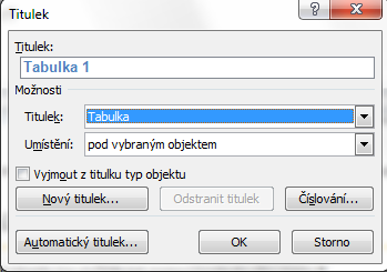 Titulky obrázků, tabulek a rovnic K vloženému objektu lze vložit titulek pomocí kontextového menu. Příklad pro tabulku: Postup pomocí karet: 1.