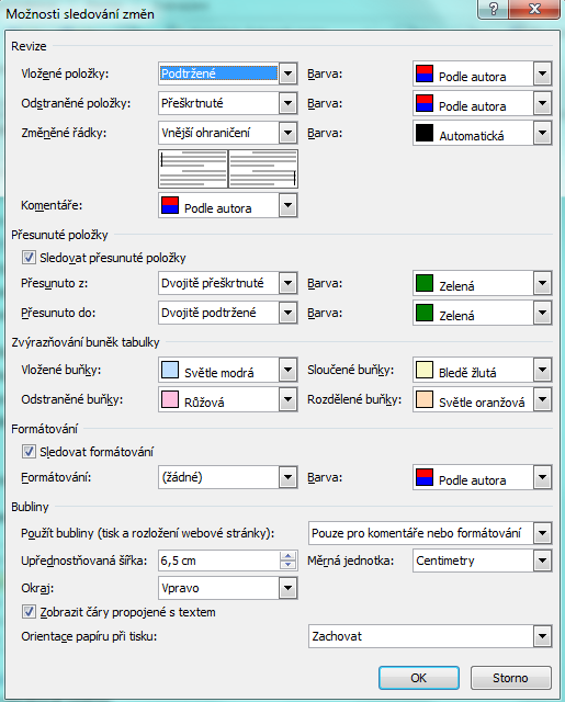 ZPŮSOB ZVÝRAZNĚNÍ ZMĚN Karta Revize, tlačítko Sledovat změny, volba Změnit možnosti