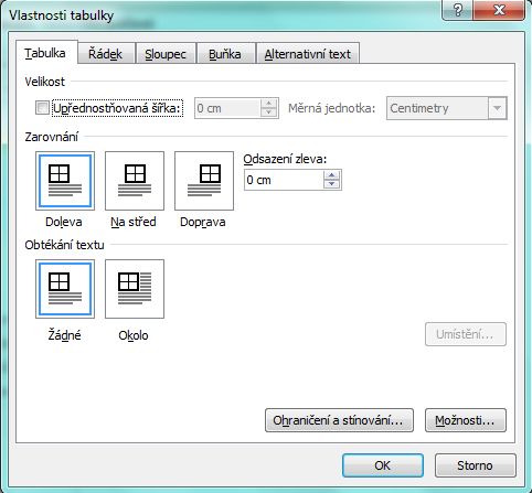 ÚPRAVA TABULKY Karta Rozložení, tlačítko Vlastnosti