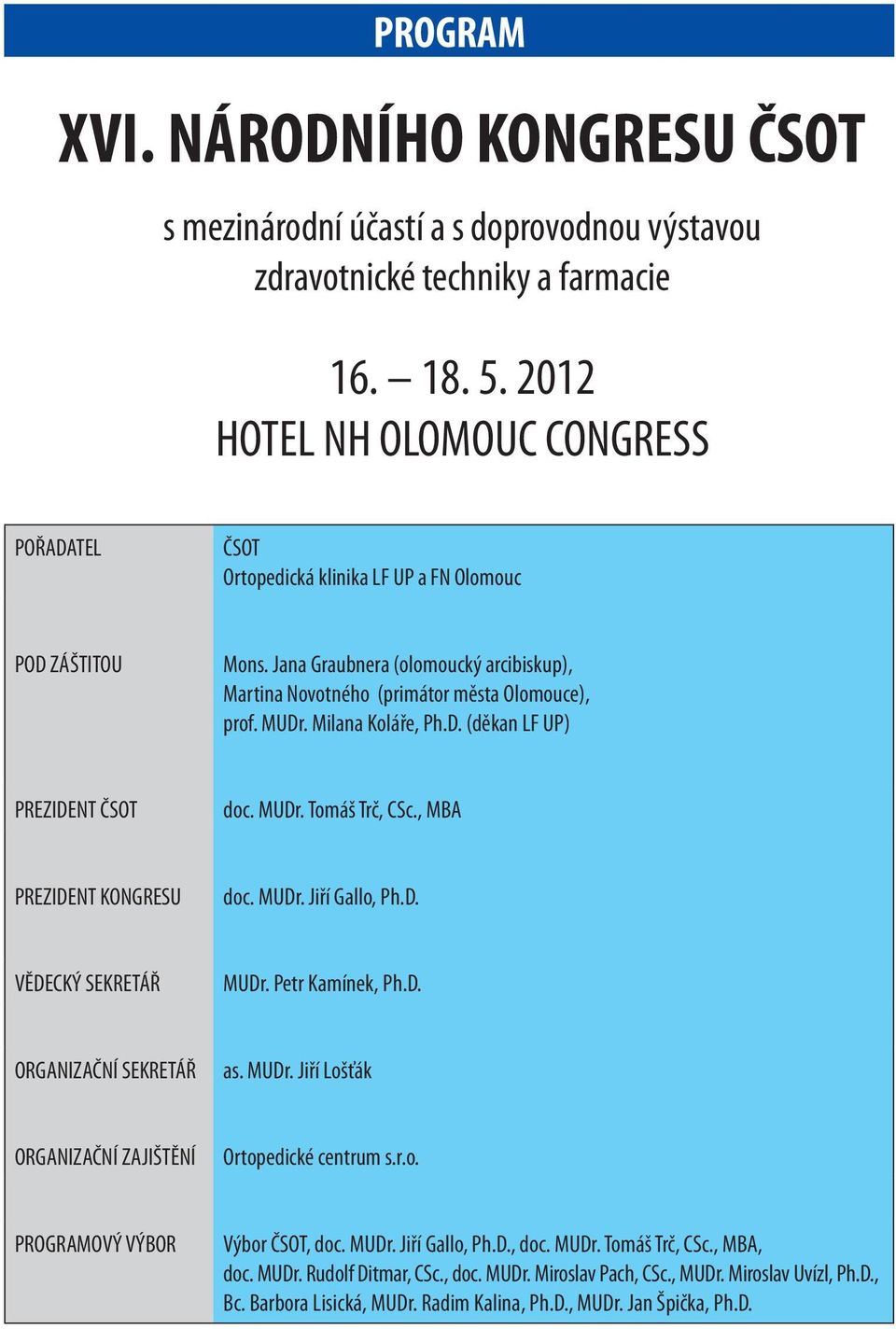 Milana Koláře, Ph.D. (děkan LF UP) PREZIDENT ČSOT doc. MUDr. Tomáš Trč, CSc., MBA PREZIDENT KONGRESU doc. MUDr. Jiří Gallo, Ph.D. VĚDECKÝ SEKRETÁŘ MUDr. Petr Kamínek, Ph.D. ORGANIZAČNÍ SEKRETÁŘ as.