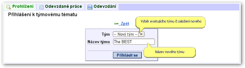 3.3.3 Práce s aplikací a příklady 3.3.3.2 Přihlášení k tématu semestrální práce Na stránce portletu Prohlížení jsou barevně zvýrazněna témata (a příslušné bloky, v případě plného režimu předmětu), na které jste jako student přihlášen.