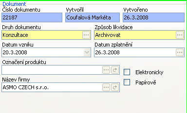5.3.1 Oddíl Dokument Číslo dokumentu identifikace - jedinečný údaj, klíčová položka databáze, povinně vyplnitelné Vytvořil - Přihlášený uživatel SW Palstat.