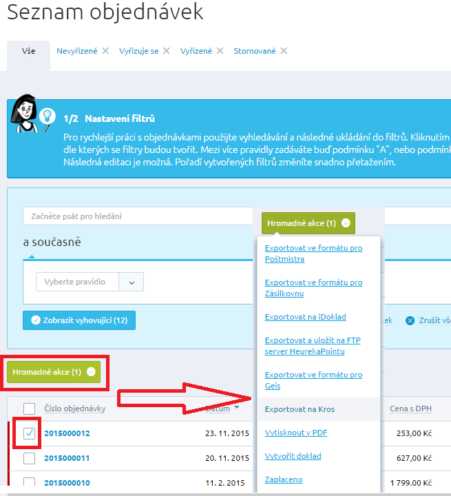 Jak přenést objednávky do účetního systému Omega Na straně administrace e-shopu FastCentrik v části Objednávky si označte, které objednávky si