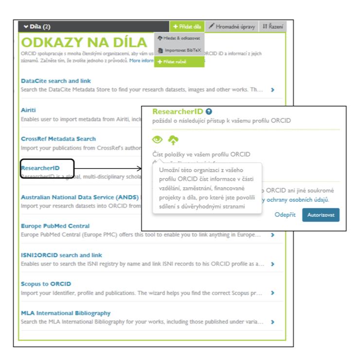 Záznamy o výstupech (díla) uživatele se do profilu uloží buď ručně vyplněním tabulky, nebo se záznamy uloží do textového souboru ve formátu BibTeX a naimportují se do profilu, nebo uživatel povolí